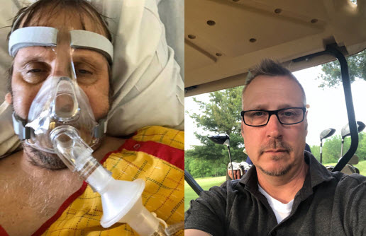 Consumers Energy employee Eric Florka during his COVID battle, left, and today.